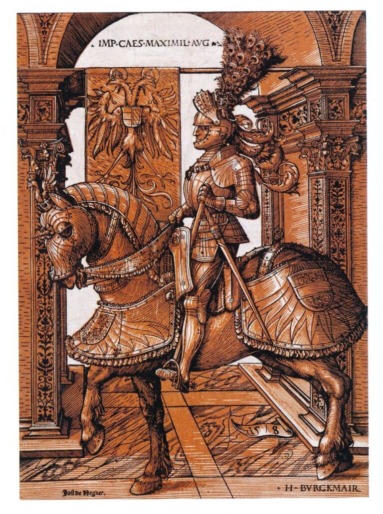 Stephan Füssel – Theuerdank (Taschen, Colonia 2018). Hans Burgkmair, L'Imperatore Massimiliano I in armatura a cavallo, 1508