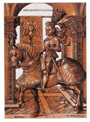 Stephan Füssel – Theuerdank (Taschen, Colonia 2018). Hans Burgkmair, L'Imperatore Massimiliano I in armatura a cavallo, 1508