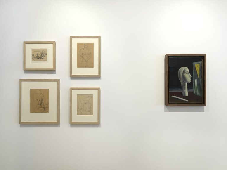 Installation view of works by Carlo Carrà in “Metaphysical Masterpieces: Morandi, Sironi, and Carrà” at the Center for Italian Modern Art. Photo Dario Lasagni