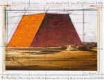 Christo, The Mastaba (Project for Abu Dhabi, Al Gharbia, near Oasis of Liwa), Collage 2012, 21.5 x 28 cm, pencil, wax crayon, photograph by Wolfgang Volz, enamel paint and tape. Photo: André Grossmann © 2012 Christo