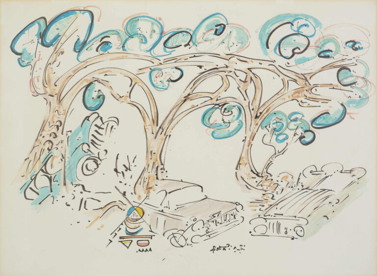 Gordon Matta-Clark, Jacks (trees and cars), 1971-1972, Inchiostro nero e pennarelli colorati su carta. Courtesy Harold Berg