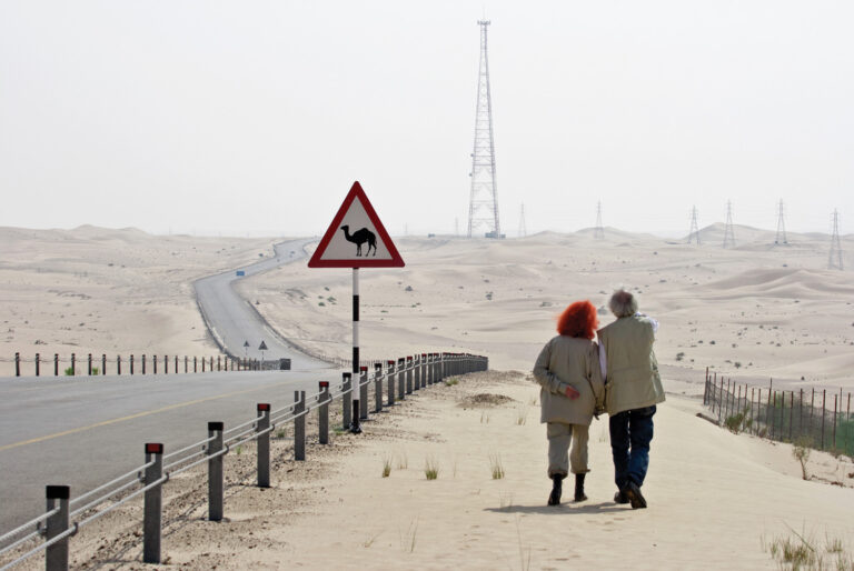 Christo and Jeanne-Claude looking for a possible site for The Mastaba, February 1982. Photo: Wolfgang Volz © 1982 Christo