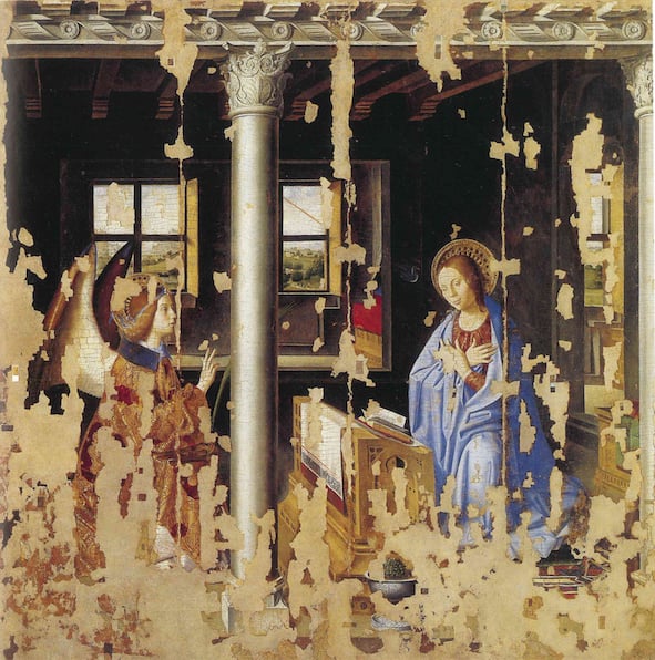 Antonello da Messina, Annunciazione, 1474. Olio su tavola di noce trasportata su tela, 180 x 180 cm. Galleria Regionale di Palazzo Bellomo, Siracusa