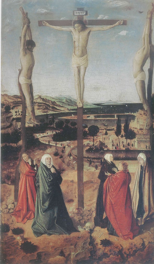 Antonello da Messina, Crocifissione 1465 circa. Tempera (?) su tavola in legno di frutto, 39,4 x 23,1 cm. Museul National Brukenthal Sibiu, Romania