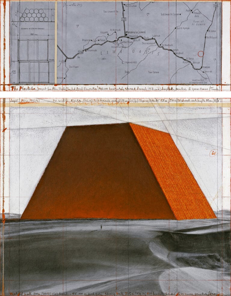 Christo, The Mastaba (Project for Abu Dhabi, United Arab Emirates), Drawing 2013, in two parts 30.5 x 77.5 cm and 66.7 x 77.5 cm, pencil, charcoal, pastel, wax crayon, enamel paint, hand-drawn map and technical data and tape. Photo: André Grossmann © 2013 Christo