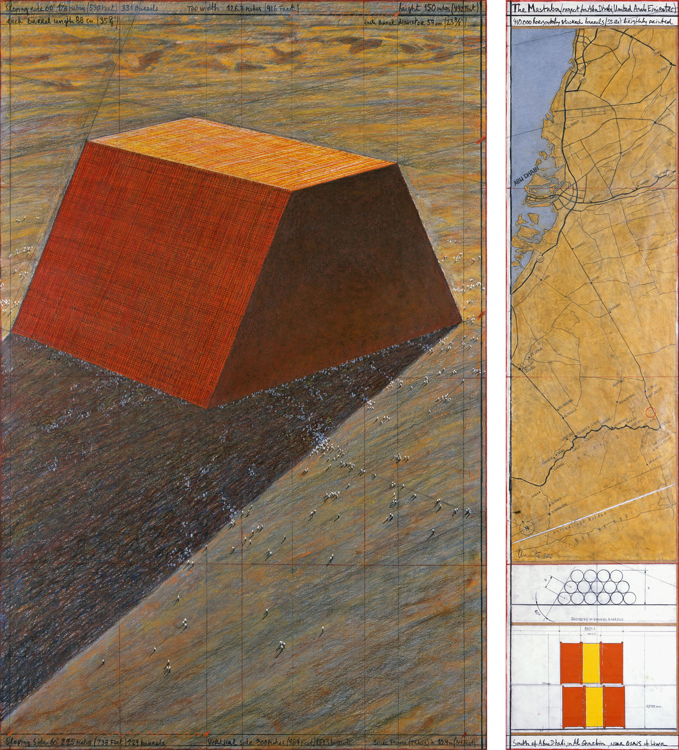 Christo, The Mastaba (Project for Abu Dhabi, United Arab Emirates), Drawing 2013, in two parts 165 x 106.6 cm and 165 x 38 cm, pencil, charcoal, wax crayon, pastel, hand-drawn technical data and map, enamel paint, wash and tape. Photo: André Grossmann © 2013 Christo