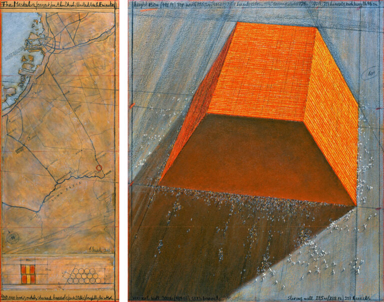 Christo, The Mastaba (Project for Abu Dhabi, United Arab Emirates), Drawing 2013, in two parts 77.5 x 30.5 cm and 77.5 x 66.7 cm, pencil, charcoal, pastel, wax crayon, enamel paint, hand-drawn map and technical data and tape. Photo: André Grossmann © 2013 Christo