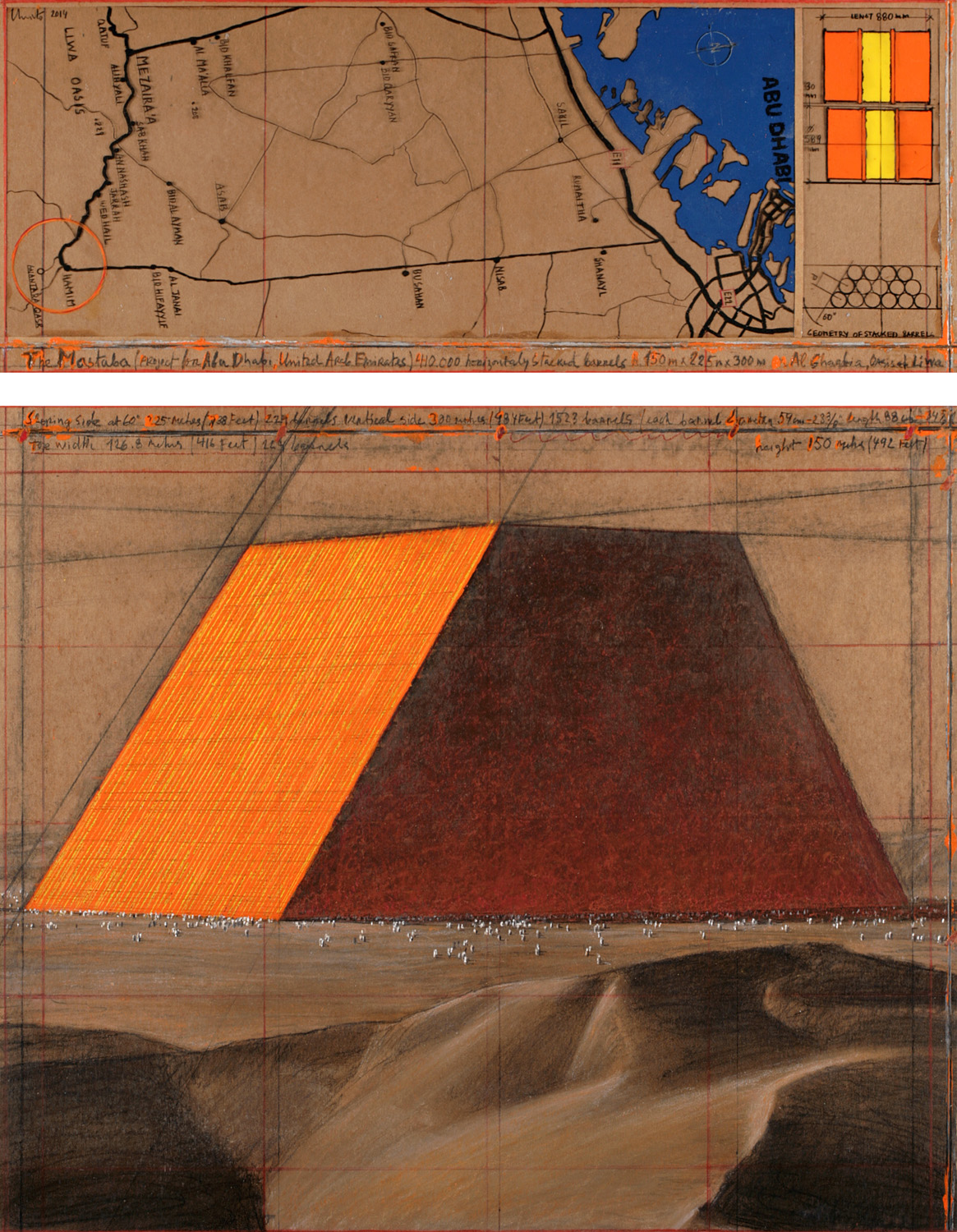 Christo, The Mastaba (Project for Abu Dhabi, United Arab Emirates), Collage 2014, in two parts 30.5 x 77.5 cm and 66.7 x 77.5 cm, pencil, charcoal, pastel, wax crayon, enamel paint, hand-drawn map and technical data on rodoid and tape on brown board. Photo: André Grossmann © 2014 Christo