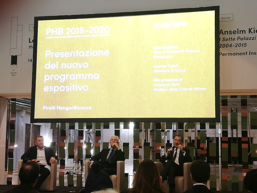 Da sinistra, Vicente Todolì, Marco Tronchetti Provera, Giuseppe Sala alla conferenza stampa di presentazione del programma mostre di Pirelli HangarBicocca 2019-2020. Photo Daniele Perra