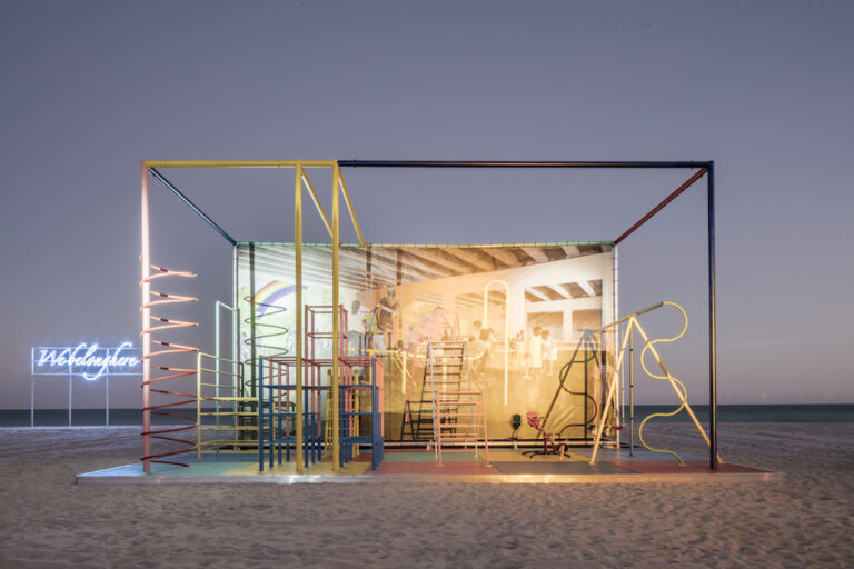 From left to right: Tavares Strachan’s We Belong Here, 2018and Derrick Adams’ America’s Playground, 2018. Photo by Kris Tamburello, courtesy of Faena Art.