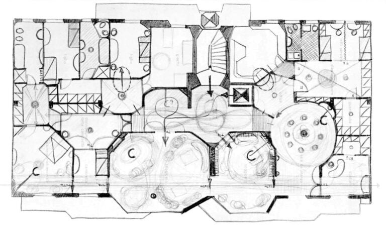 Luigi Caccia Dominioni, sistemazione di un appartamento nell’edificio di via Vigoni 13, Domus n.380, 1961, pianta dell’appartamento in uno schizzo di Caccia Dominioni