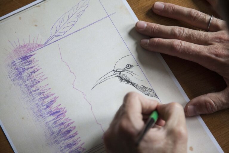 Petrit Halilaj drawing in his studio in Runik, July 2018. Photo Majlinda Hoxha