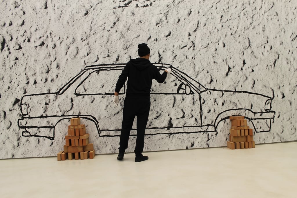 Robin Rhode, Car on Bricks (2009), veduta dell'allestimento al MAXXI, courtesy Fondazione MAXXI