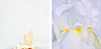 A sinistra il piatto di Lucía Freitas; a destra l’opera di Georgia O’Keeffe, Lirio blanco, n. 7, 1957, Museo Nacional Thyssen-Bornemisza, Madrid © Georgia O’Keeffe Museum, VEGAP, Madrid, 2018