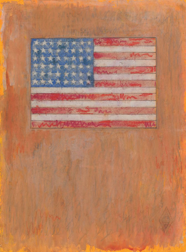 THE CONDITION OF BEING HERE: DRAWINGS BY JASPER JOHNS, Jasper Johns, Flag on Orange Field, 1957. Fluorescent paint, watercolor, pastel, and graphite pencil on paper, 10 ½ x 7 3/4 in. (26.7 x 19.7 cm). The Menil Collection, Houston, Promised gift of Janie C. Lee in honor of her grandfather, Alfred C. Glassell, Sr. © 2018 Jasper Johns / Licensed by VAGA at Artists Rights Society (ARS), NY