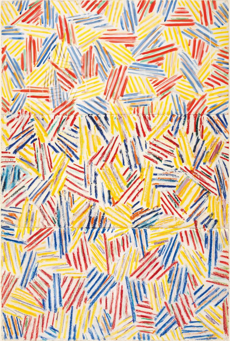 THE CONDITION OF BEING HERE: DRAWINGS BY JASPER JOHNS, Jasper Johns, Corpse, 1974- 1975. Colored ink, oil stick, pastel, and graphite pencil on paper, 42 5/8 x 28 ½ in. (108.3 x 102.2 cm). The Menil Collection, Houston, Bequest of David Whitney. © 2018 Jasper Johns / Licensed by VAGA at Artists Rights Society (ARS), NY