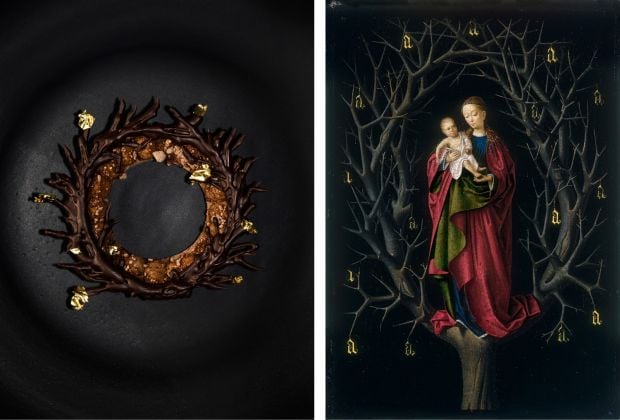 A sinistra il piatto di Andrea Dopico; a destra l’opera di Petrus Christus, La Virgen del árbol seco, hacia 1465, Museo Nacional Thyssen-Bornemisza, Madrid