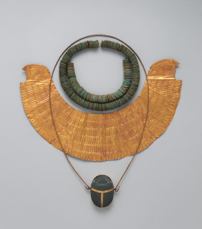 Necklace of Lentoid Beads, String of Lentoid Beads, and Heart Scarab of Manuwai The Metropolitan Museum of Art, Fletcher Fund, 1920