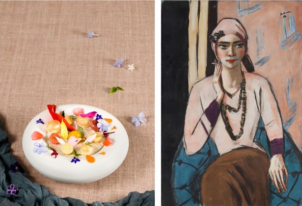 A sinistra il piatto di Quique Dacosta; a destra l’opera di Max Beckmann, Quappi con suéter rosa, 1932-1934, Museo Nacional Thyssen-Bornemisza, Madrid © Max Beckmann, VEGAP, Madrid, 2018