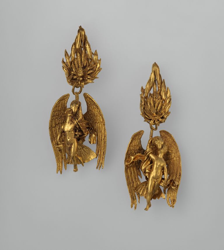 Pair of gold earrings with Ganymede and the eagle The Metropolitan Museum of Art, Harris Brisbane Dick Fund, 1937