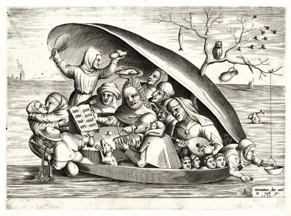 Anonymous in the manner of Bosch, engraved by Pieter Van der Heyden. Musicians in a mussel shell. Hieronymus Cock © KBR, Koninklijke Bibliotheek van België (1200x890)