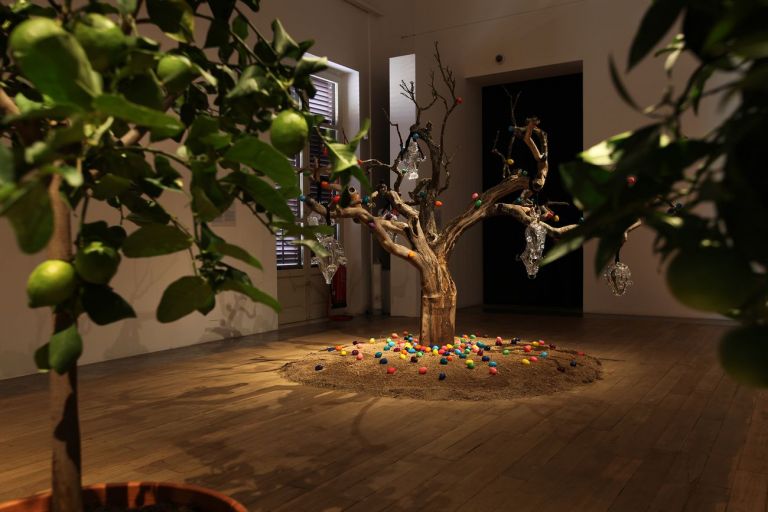 Carsten Höller, Portrait of My Father (Orange Tree), 2018 + Portrait of My Mother (Lemon Tree), 2018 & Pascale Marthine Tayou, Survival Tree, 2015. Piazza Bologni, Palazzo Belmonte Riso, Palermo 2018