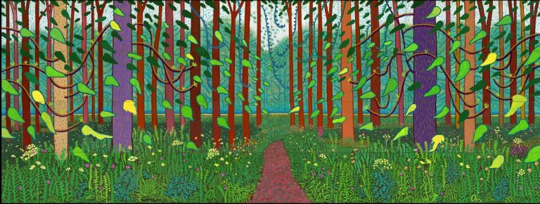 David Hockney, "The Arrival of Spring in Woldgate, East Yorkshire in 2011 (twenty eleven)", Oil on 32 canvases (36 x 48" each) 144 x 384" overall © David Hockney Photo Credit: Richard Schmidt