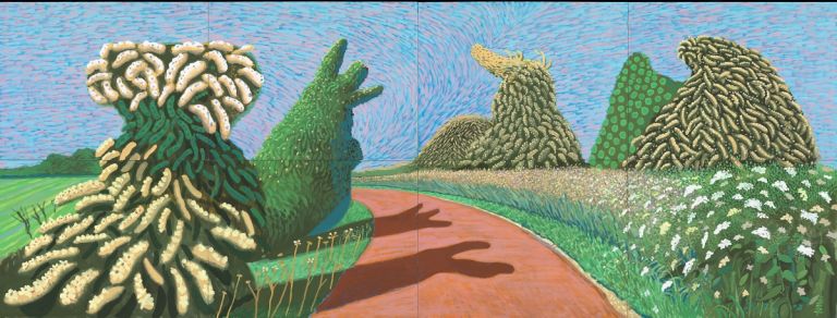 David Hockney, "May Blossom on the Roman Road" 2009, Oil on 8 canvases (36 x 48" each) 72 x 192" overall © David Hockney. Photo Credit: Richard Schmidt