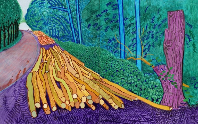 David Hockney, "More Felled Trees on Woldgate" 2008, Oil on 2 canvases (60 x 48" each) 60 x 96" overall © David Hockney. Photo Credit: Richard Schmidt