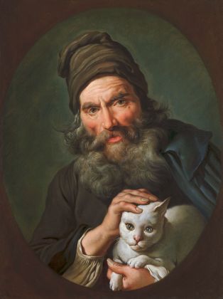 Giacomo Ceruti, Ritratto di vecchio con gatto bianco, olio su tela, 74 x 57 cm. Collezione privata