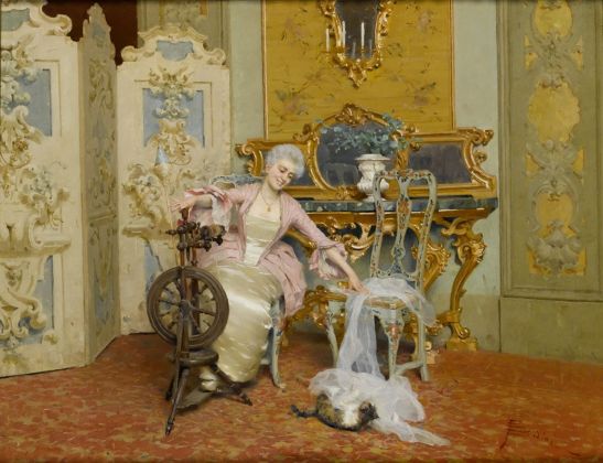 Giovanni Paolo Bedini, Dama elegante seduta in salotto mentre gioca con un gatto, s.d. Courtesy Galleria de’ Fusari, Bologna