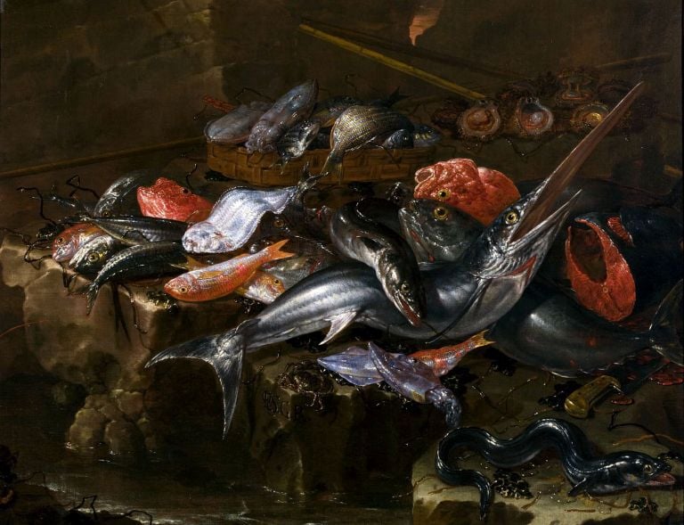 Giuseppe Recco, Pescato sugli scogli, olio su tela, 122 x 175 cm. Collezione privata