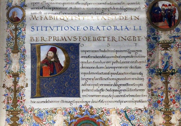 Il frontespizio della Institutione oratoria di Quintiliano in una edizione edita a Firenze nel 1477 ca. Biblioteca Medicea Laurenziana