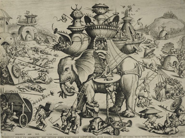 JAN and LUCAS VAN DOETECUM after (Hieronymus Bosch ), The Siege of the Elephant, Engraving, ca. 1555 1560 (1200x896)
