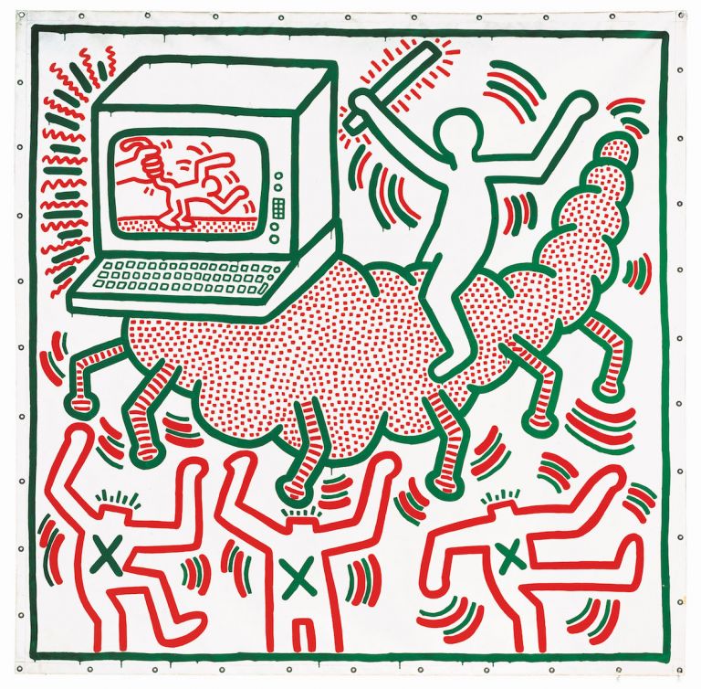 Keith Haring, 1958–1990, Untitled 1983, Vinyl paint on tarpaulin 3068 x 3020 mm. Collection of KAWS © Keith Haring Foundation