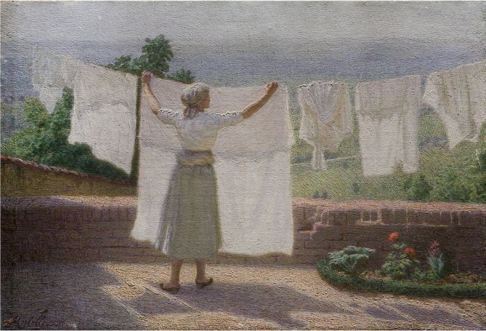 Angelo Morbelli, Distendendo panni al sole, olio su tela 43,5 x 62 cm