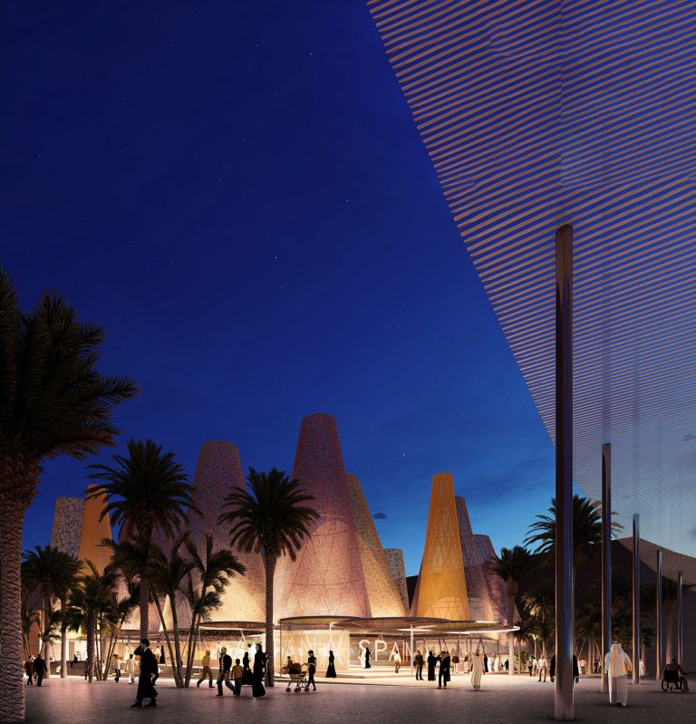 Night view rendering. Model. Spanish Pavilion at the Expo Dubai 2020 by Amann Canovas Maruri. Courtesy the studio and Acción Cultural Española