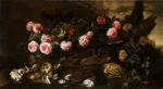 Paolo Porpora, Sottobosco con rose, tartarughe, serpente e farfalla, olio su tela, 79 x 130 cm. Collezione privata