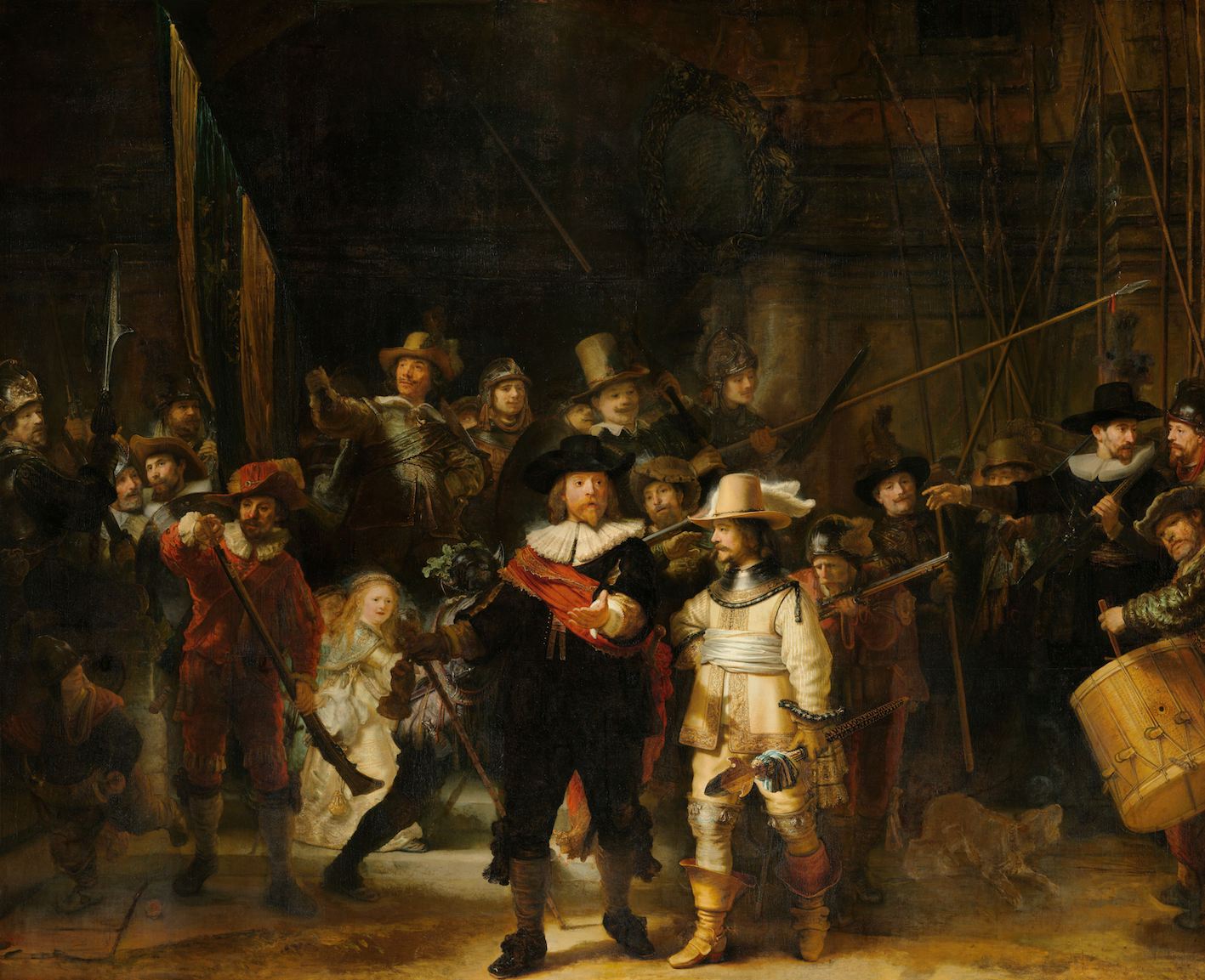 Rembrandt van Rijn, Schutters van wijk II onder leiding van kapitein Frans Banninck Cocq, bekend als de ‘Nachtwacht’, 1642. Bruikleen van de gemeente Amsterdam
