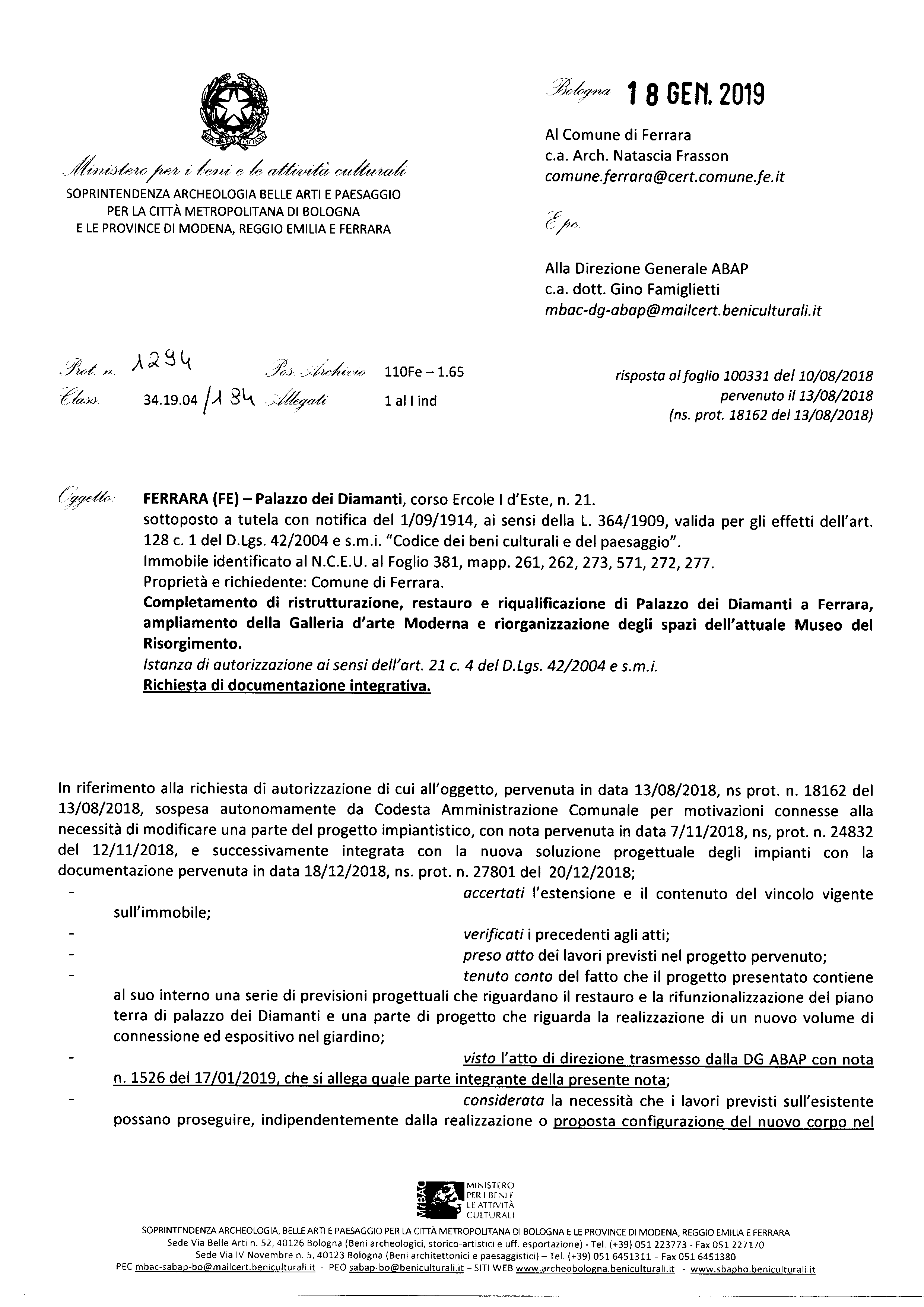 SOP1 Palazzo dei Diamanti. Il documento ufficiale con cui il Governo ha bloccato il progetto