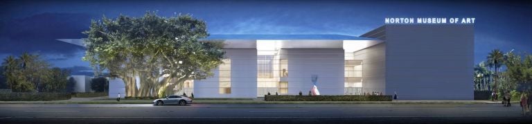 The new façade of the Norton Museum of Art, as seen from South Dixie Highway (evening view), designed by Foster + Partners. Image courtesy of Foster + Partners