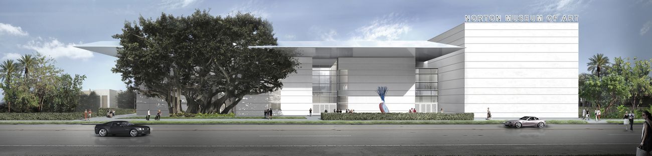 The new façade of the Norton Museum of Art, as seen from South Dixie Highway, designed by Foster + Partners. Image courtesy of Foster + Partners