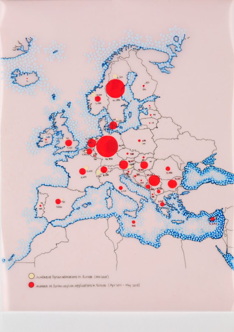 NewFaustianWorld - Tiffany Chung, UNHCR total Syrian asylum applications in Europe , April 201 1 – May 2015, _ admissions, Feb 2015,2015, ink and oil on vellum and paper, 30 x 21 cm. Courtesy the artist