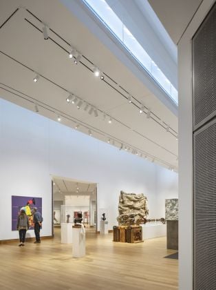 Looking across the renovated second-floor galleries, featuring installations of contemporary African, Melanesian, and contemporary Aboriginal Australian art. Photograph © Michael Moran, Courtesy of the Hood Museum of Art at Dartmouth