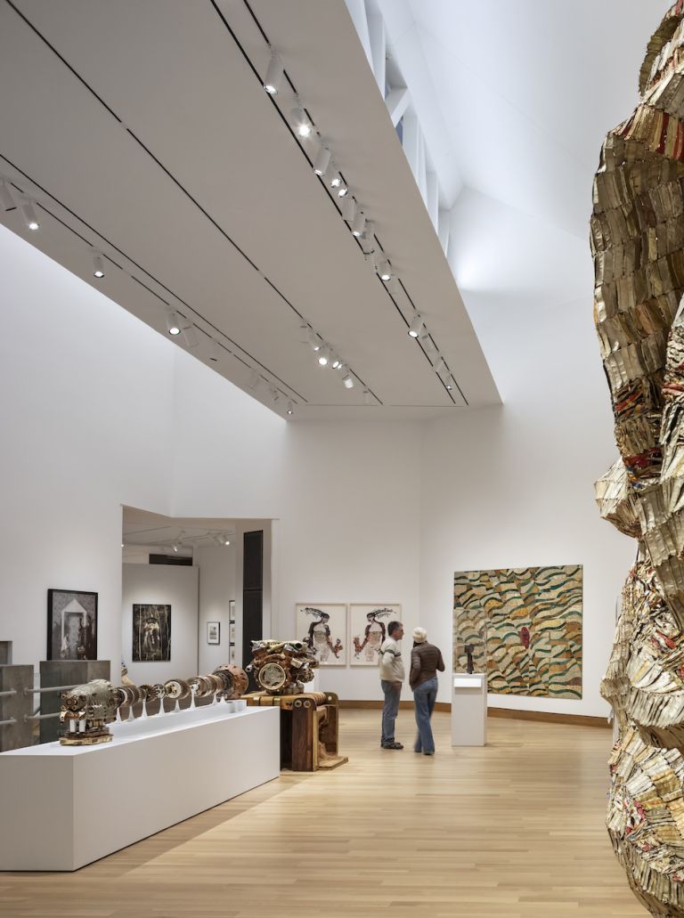 Looking across the Lathrop Gallery’s installation of contemporary African art into the new north wing. Photograph © Michael Moran, Courtesy of the Hood Museum of Art at Dartmouth