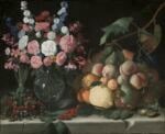 Dalla mostra “Le nature morte di Geo Poletti. Una collezione milanese”, Natura morta con vaso di fiori, fragoline, pesche, pere e altri frutti, Pittore caravaggesco, 1620-1630 circa. Olio su tela Collezione Geo Poletti