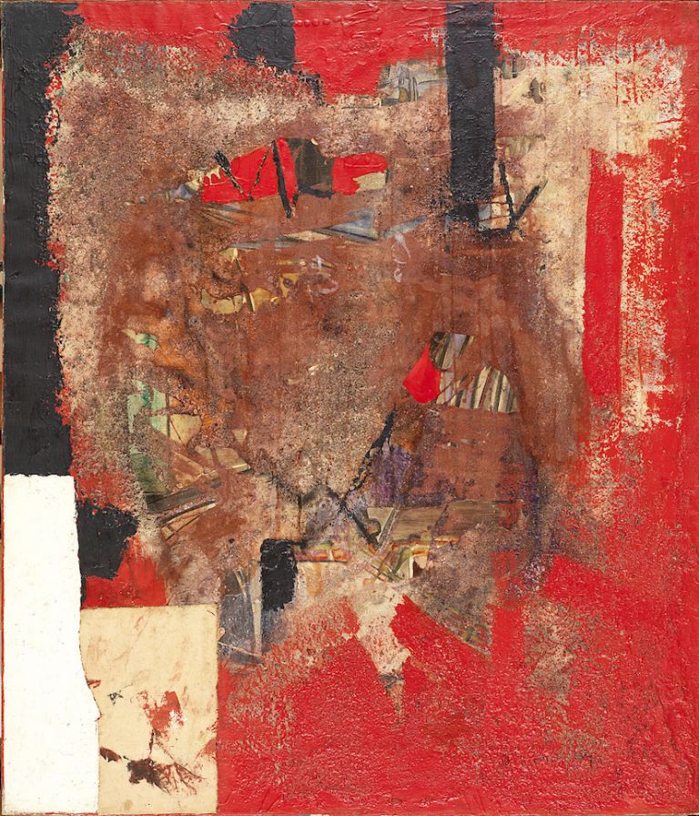 Alberto Burri: Rosso Nero, 1953, Composizione: stoffa, pietra pomice, olio, vinavil su tela, cm 100x86. Collezione Privata, Milano