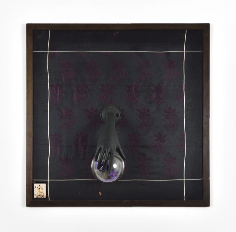 Dal 1800 a quando lo vedi (From 1800 until you see it), 2000 Black brocade, glass sphere and synthetic violets 88 x 88 cm / 34 41/64 x 34 41/64 inches Courtesy of the artist and Campoli Presti, London / Paris