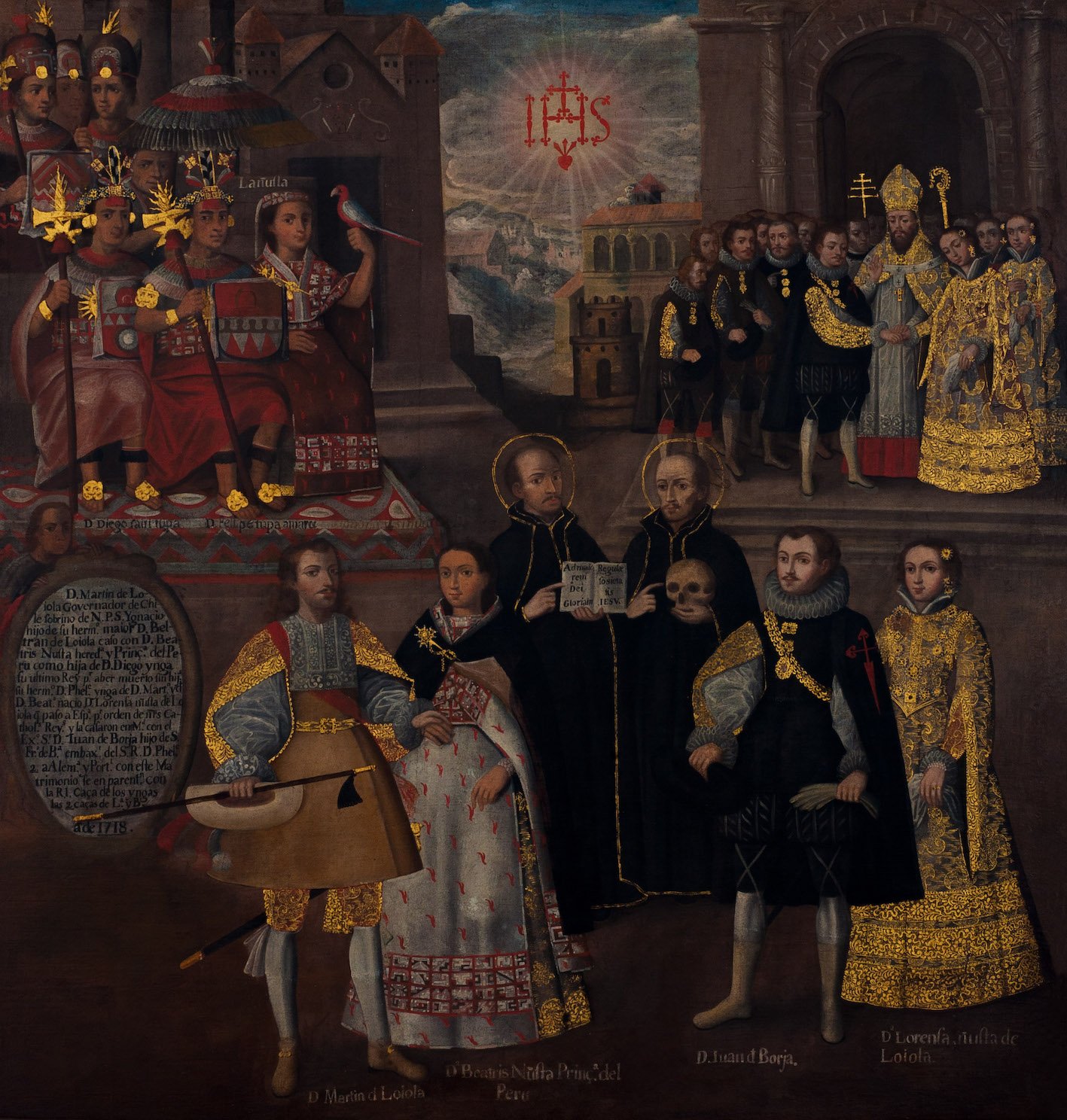 Museo del Prado - Matrimonios de Martín de Loyola con Beatriz Ñusta y de Juan de Borja con Lorenza Ñusta de Loyola  autor: Anónimo cuzqueño Óleo sobre lienzo, 175,2 x 168,3 cm  1718 Lima, Museo Pedro de Osma. Fundación Pedro y Angélica de Osma Gildemeister 