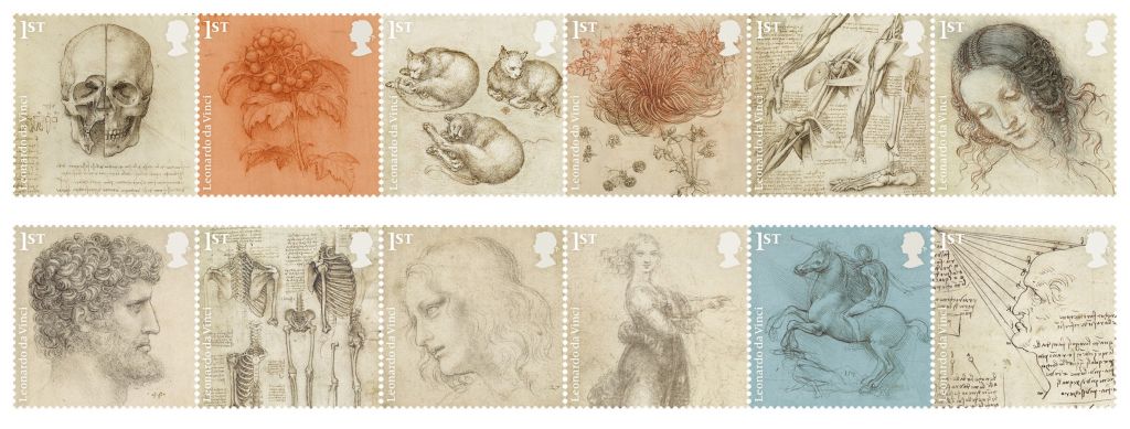 500 anni dalla morte di Leonardo. La Royal Mail lancia 12 francobolli dedicati al genio